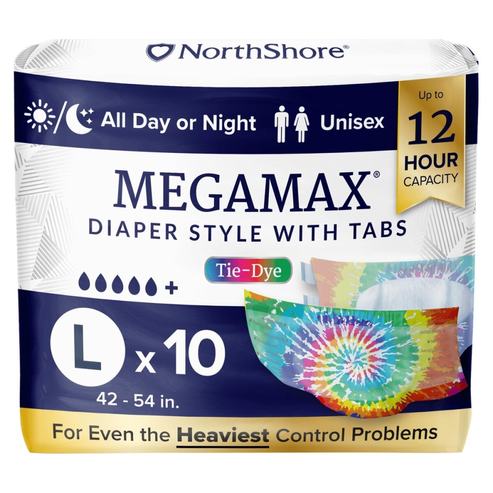 NorthShore MegaMax Adult Overnight Diapers, 12-Hour Tab-Style, Large, 10 Count Bag, Tie-Dye, 42-54 inches, Unisex Incontinence Underwear