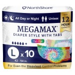 NorthShore MegaMax Adult Overnight Diapers, 12-Hour Tab-Style, Large, 10 Count Bag, Tie-Dye, 42-54 inches, Unisex Incontinence Underwear