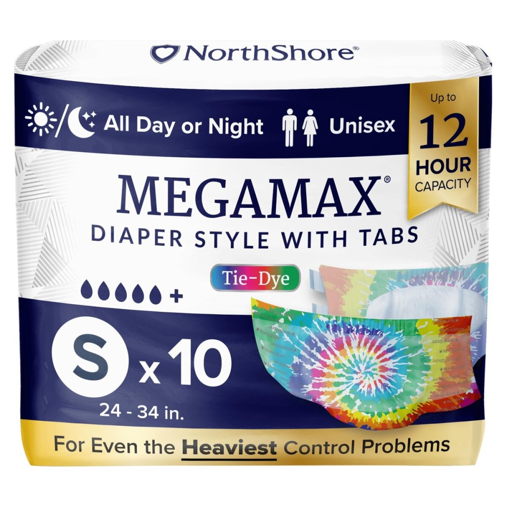 NorthShore MegaMax Adult Overnight Diapers, 12-Hour Tab-Style, Small, 10 Count Bag, Tie-Dye, 24-34 inches, Unisex Incontinence Underwear