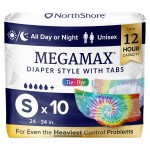 NorthShore MegaMax Adult Overnight Diapers, 12-Hour Tab-Style, Small, 10 Count Bag, Tie-Dye, 24-34 inches, Unisex Incontinence Underwear