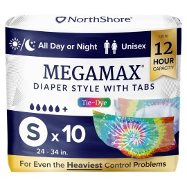 NorthShore MegaMax Adult Overnight Diapers, 12-Hour Tab-Style, Small, 10 Count Bag, Tie-Dye, 24-34 inches, Unisex Incontinence Underwear