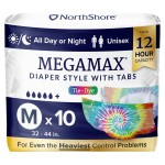 NorthShore MegaMax Adult Overnight Diapers, 12-Hour Tab-Style, Medium, 10 Count Bag, Tie-Dye, 32-44 inches, Unisex Incontinence Underwear