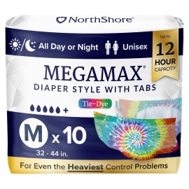 NorthShore MegaMax Adult Overnight Diapers, 12-Hour Tab-Style, Medium, 10 Count Bag, Tie-Dye, 32-44 inches, Unisex Incontinence Underwear