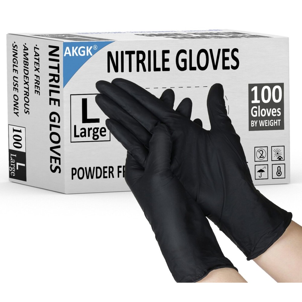 akgk Nitrile Gloves, 100 Pcs Disposable Black Nitrile Gloves Large, Cleaning Gloves for Cooking, Household & More, Powder-Free, Latex-Free