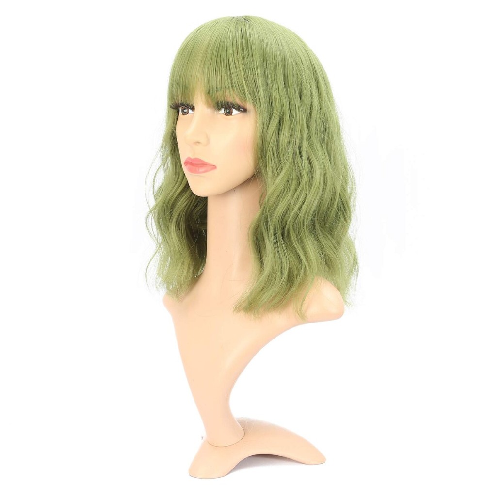 VCKOVCKO Natural Wavy Wig With Air Bangs Short Bob Matcha Green Wigs Women\'s Shoulder Length Curly Wavy Synthetic Cosplay Pastel Bob Wig for Girl (12, Matcha Green)