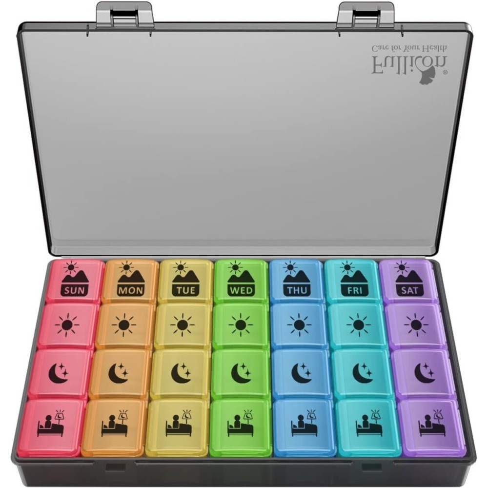 Fullicon Large Weekly Pill Organizer 4 Times a Day,7 Day Pill Box, Portable Medicine Organizer for Supplements Vitamin Pill Case Black