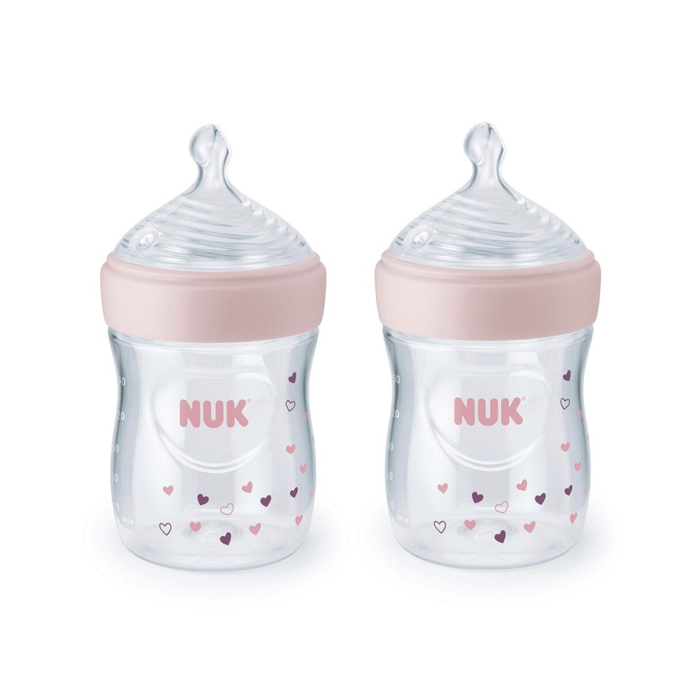 NUK Simply Natural Baby Bottle with SafeTemp, 5 oz, 2 Pack, Pink Hearts