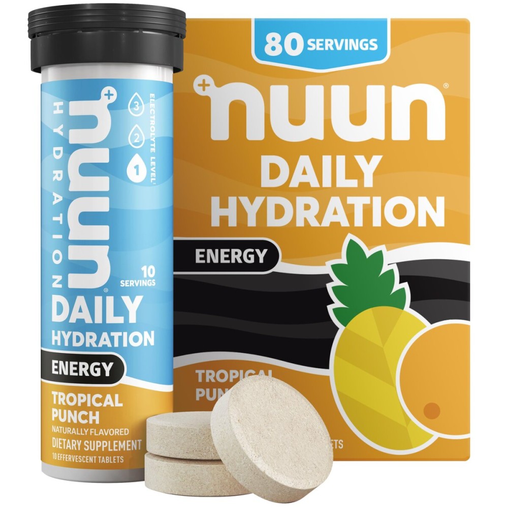 Nuun Energy Electrolyte Tablets with Ginseng, Caffeine from Green Tea Extract, Vitamin B12, B6, B5, Magnesium & 4 Other Electrolytes, Gluten Free & Vegan, Tropical Punch, 8 Pack (80 Servings Total)