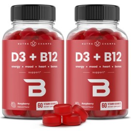 NutraChamps Vitamin D3 & B12, Methyl B12 Gummies for Adults & Kids, Enhanced with Vitamin D 3 & B9 Vitamin Folate, Natural Energy, Mood, Metabolism & Focus, Raspberry, 120 Gummies (Pack of 2)
