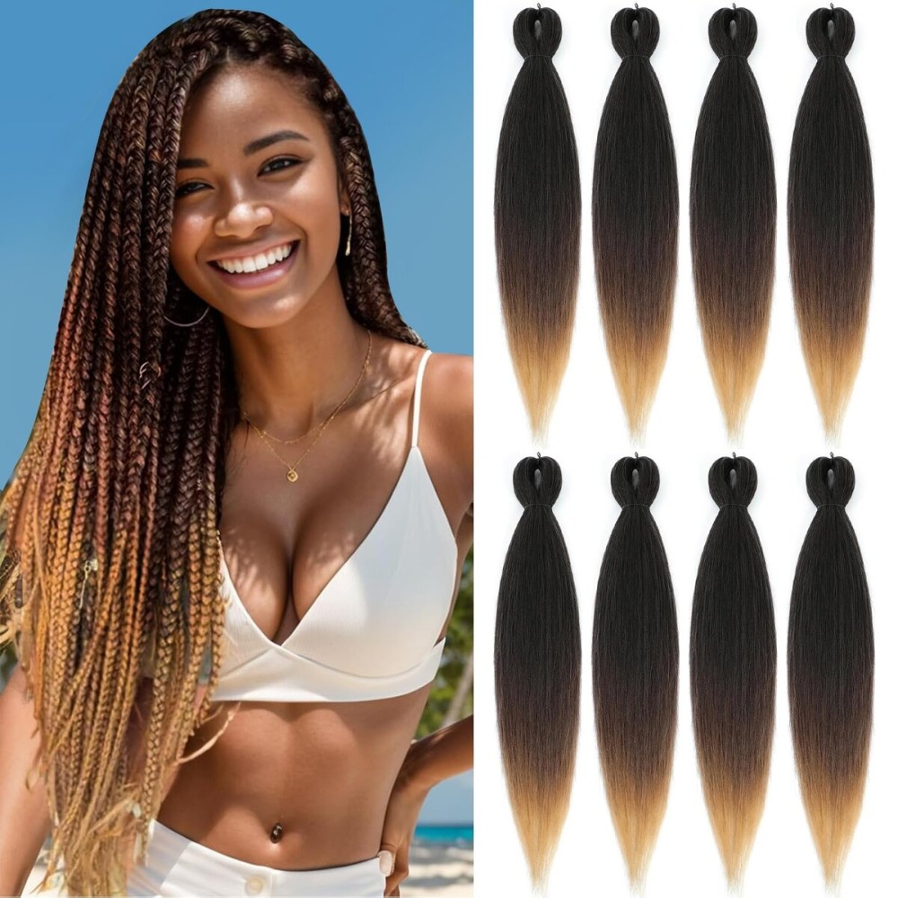 DIFUNEE Pre-stretched Braiding Hair - 30 Inch 8 Packs 3 Tones Ombre Brown Braiding Hair For Twist or Box Braids, Yaki Texture Hot Water Setting Long Braiding Hair 30 Inch, 1B/30/27-8P)