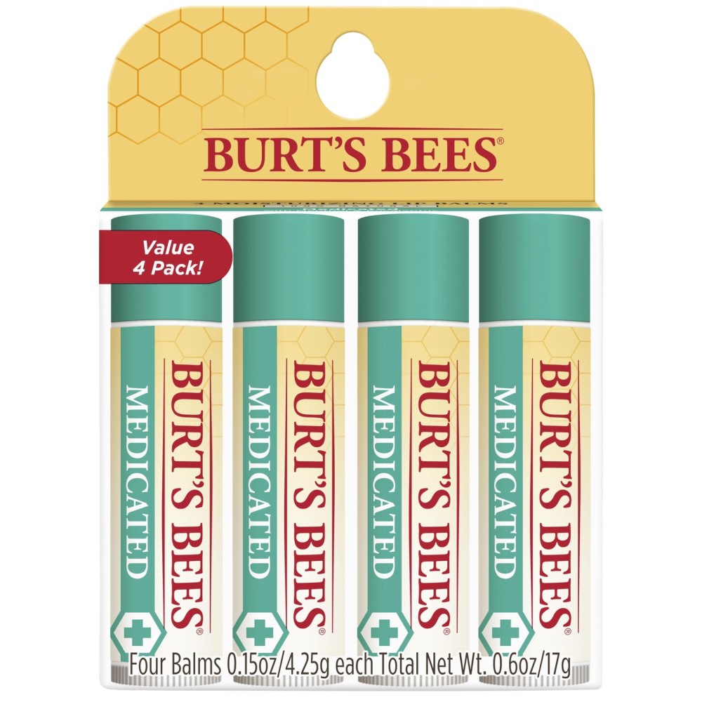 Burt\'s Bees Lip Balm Stocking Stuffers, Moisturizing Lip Care Christmas Gifts, for Dry Chapped Lips, Medicated with Menthol & Eucalyptus, Natural Origin Lip Care (4-Pack)
