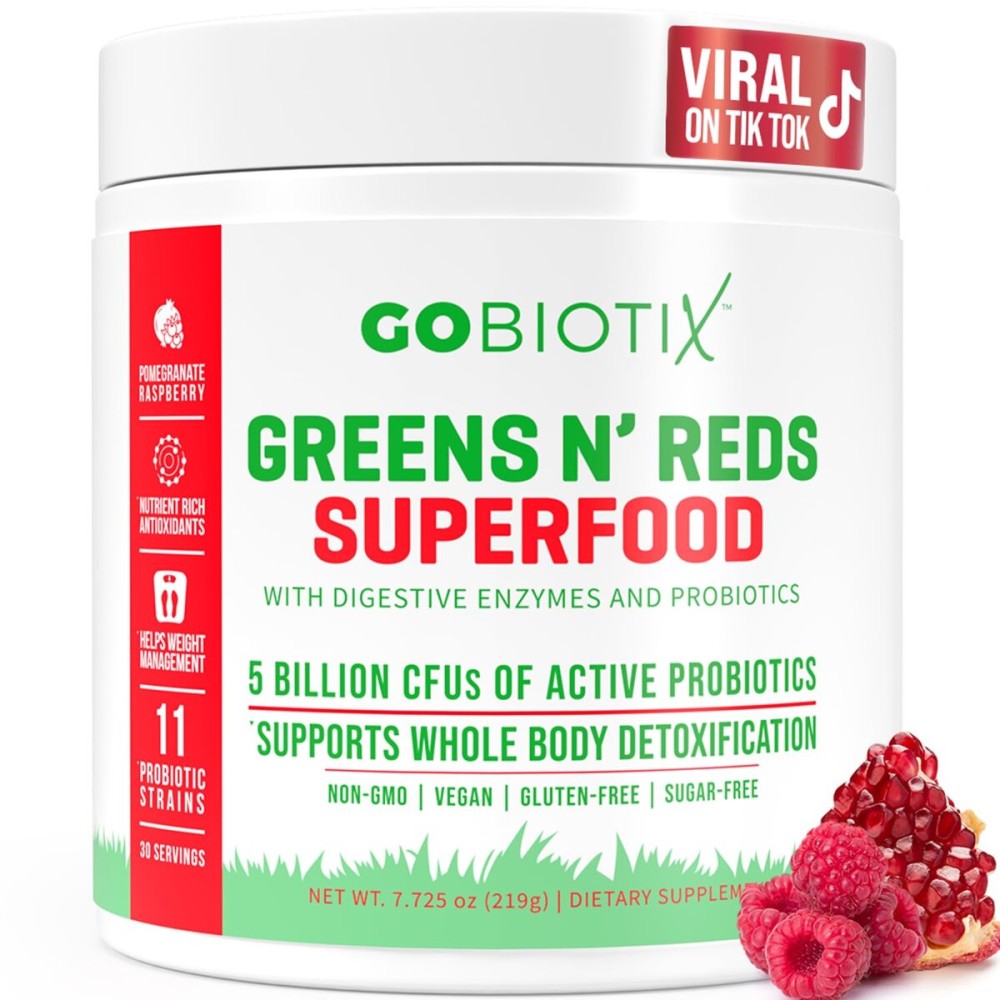 GOBIOTIX Greens Powder - Superfood with Greens and Reds - Probiotic Supplement - Digestive Enzymes and Beet Root Powder - Organic Whole Foods Dietary Supplement (Pom Raspberry, 1 Pack)