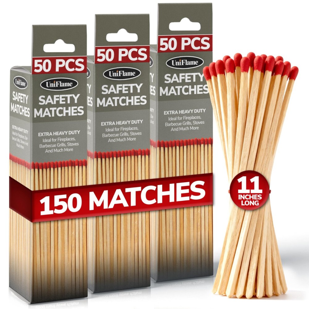 11-Inch Extra Long Wooden Safety Matches (3 Pack) - Ideal for Lighting Fireplace, Candles, Grills & Camping Firepits - Strike on Box - Heavy Duty Long Matches for Fireplace - 150 Count