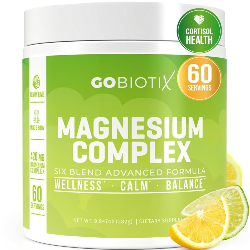 GoBiotix Magnesium Glycinate Powder - Cortisol Supplements for Women and Men - High Absorption Magnesium Complex Calm Supplement with Citrate, Malate - Sugar Free - 420 mg, 60 Servings - Lemon Lime
