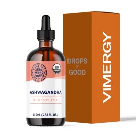 VIMERGY USDA Organic Ashwagandha Liquid Extract, 57 Servings -Stress Supplement Drops - Adaptogen - Supports Cognitive Function - Sleep Support - Alcohol-Free, Non-GMO, Vegan & Paleo Friendly (115 ml)