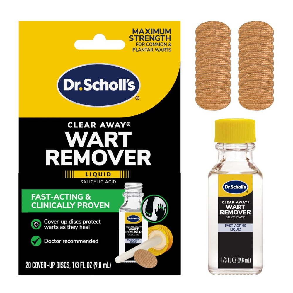 Dr. Scholl\'s Clear Away Wart Remover Liquid on Fingers and Toes, 1/3 fl oz, 20 Cover Up Discs - Fast Acting & Clinically Proven Wart Removal, Safe to Use on Kids Ages 4+