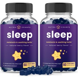 NutraChamps Sleep Gummies for Adults & Kids, Melatonin Gummies with Chamomile, Valerian & L Theanine, Vegan Childrens Melatonin 3mg, 1.5 mg, or 6mg (Pack of 2, 120 Gummy)