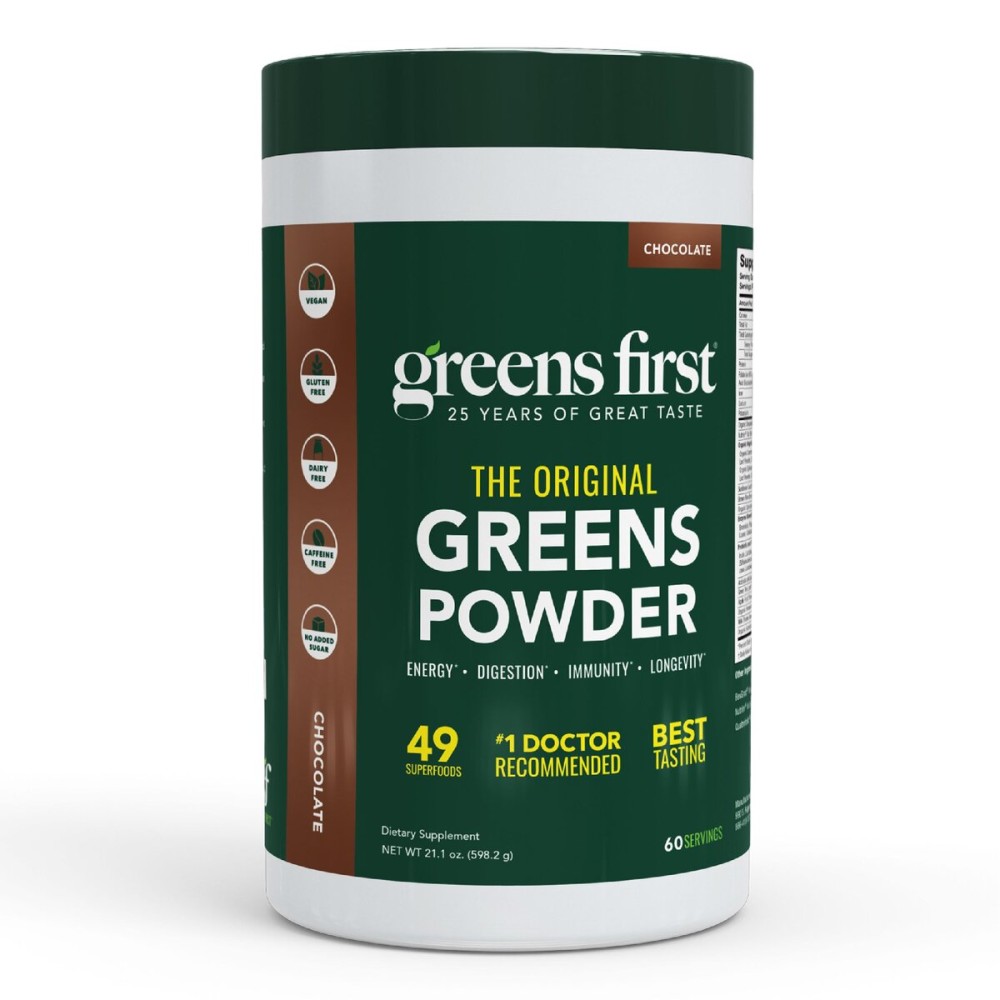 Greens First Original Greens Powder - 49 Superfoods - Organic Fruits & Veggies - Prebiotics, Probiotics, Digestive Enzymes - Antioxidant Smoothie - Dairy Free, Vegan, Non-GMO (Chocolate, 60 Servings)