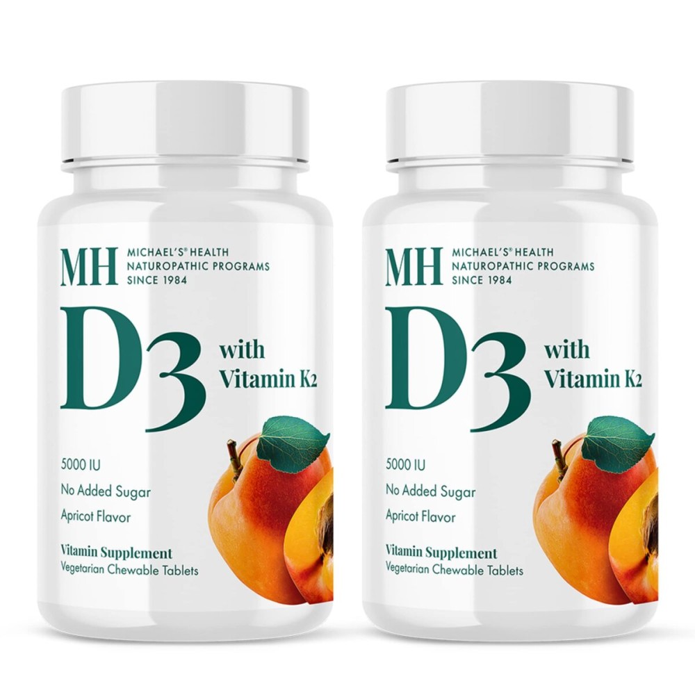 MICHAEL\'S Health Naturopathic Programs Vitamin D3 with K2 - 90 Chewable Tablets, Pack of 2 - Apricot Flavor - Skeletal & Immune System Support - No Added Sugar - Vegetarian - 180 Total Servings