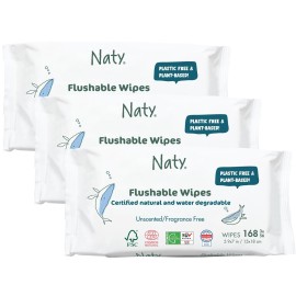Naty Flushable Toddler & Baby Wet Wipes | Plant-Based, Water-Based for Sensitive Skin | Natural & Unscented Potty Training Wipes | Water-Degradable, Plastic-Free, Fragrance-Free | 168 Count (3 Packs)