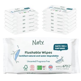 Naty Flushable Toddler & Baby Wet Wipes | Plant-Based, Water-Based for Sensitive Skin | Natural & Unscented Potty Training Wipes | Water-Degradable, Plastic-Free, Fragrance-Free | 672 Count (12 Packs)
