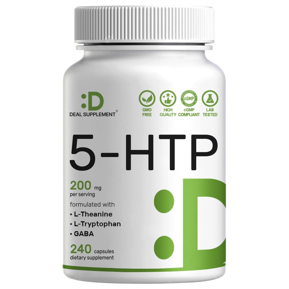 Deal Supplement 5-HTP 200mg Per Serving, 240 Capsules, 98% African Derived Griffonia Seed Extract | 4 in 1 Formula | Plus Active L Theanine, L Tryptophan, & GABA | Relaxation Support Supplement