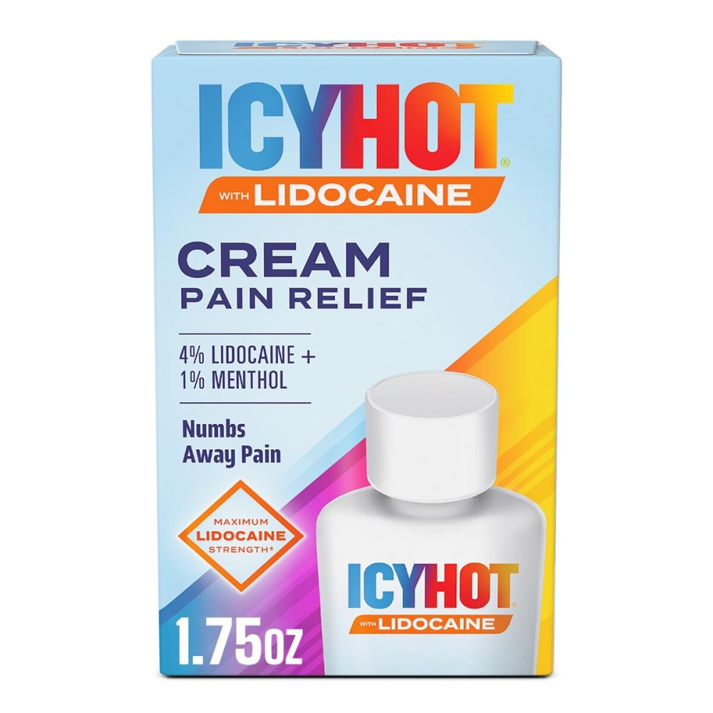 Icy Hot Lidocaine Pain Relief Cream, Numb Aggravated Nerves with Max Strength Lidocaine 4% and Menthol 1%, Fast-Acting Pain Relief for Minor Pain, Backaches, Sprains and Strains, 1.75 oz