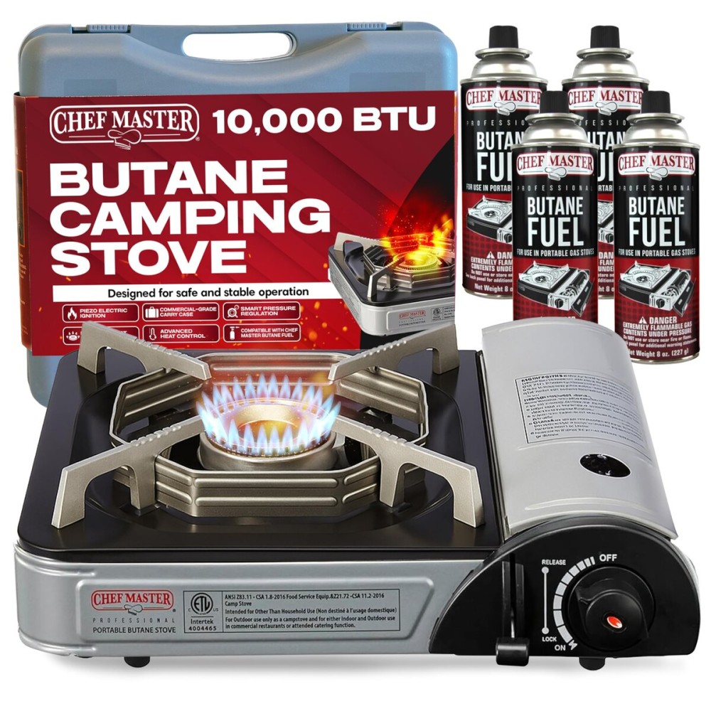 Chef Master 90011 Butane Countertop Stove w/ 4 x 8oz. Butane Fuel Canister COMBO, Portable Camping Stove 10,000 BTU Output Brass Burner, Portable Stoves for Immediate Use, Outdoor Cooking, Emergencies