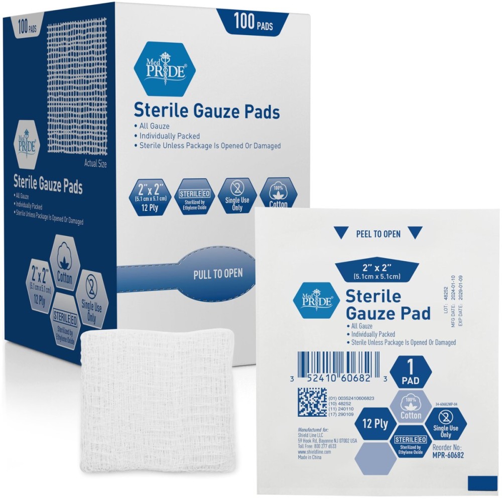 MED PRIDE Sterile Nonstick Gauze Dressing Pads, 12-Ply Cotton, Highly Absorbent, Individually Wrapped for Wound Care and First Aid (2x2 Inch (Pack of 100))
