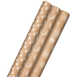 Hallmark Christmas Wrapping Paper Rolls - Minimalist Brown Kraft Trees, Antlers, Snowflakes Gift Wrap Paper (3 Rolls: 90 sq. ft. ttl.) for Holiday Parties, Hanukkah, Winter Weddings