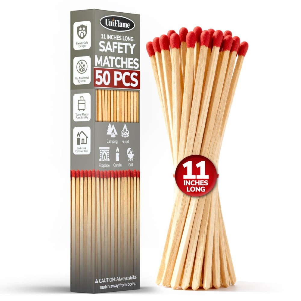 11-Inch Extra Long Wooden Safety Matches (1 Pack) - Ideal for Lighting Fireplace, Candles, Grills & Camping Firepits - Strike on Box - Heavy Duty Long Matches for Fireplace - 50 Count
