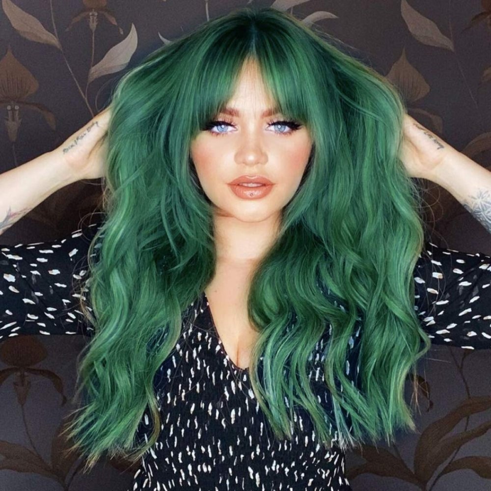 ANDRIA Green Wig with Bangs Blue Color Wig Wet and Wavy Long Loose Curly Wave Synthetic Heat Resistant Fiber Black Ombre Green Hair Wigs for Women 26 Inch