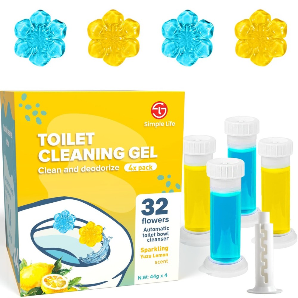 Simple Life Toilet Gel Stamp - Fresh Flower Scent, Anti-Limescale Toilet Cleaner Gel, Deodorizing & Long-Lasting Freshness, 32 Stamps, Blue & Yellow