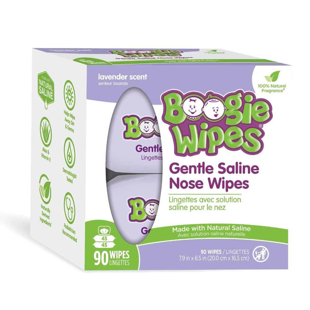 Saline Nose Wipes by Boogie, for Baby & Kids, Face, Hand & Body, FSA/HSA Eligible, Made with Vitamin E, Aloe, and Natural Saline, Lavender Scent, 90 Count (Pack of 1)
