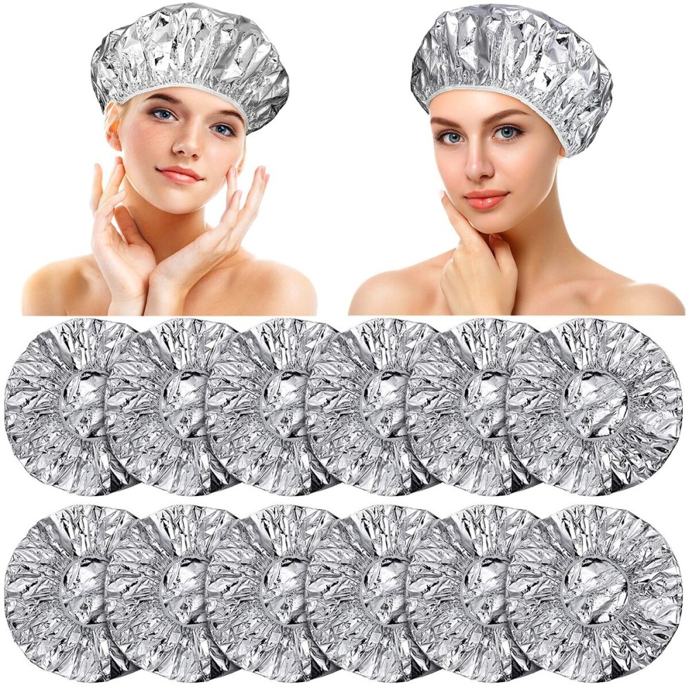 12 Pieces Deep Conditioning Caps Aluminum Foil Reusable Hair Processing Hair Coloring Shower Caps for Home Salon Use(16 Inch,Silvery)