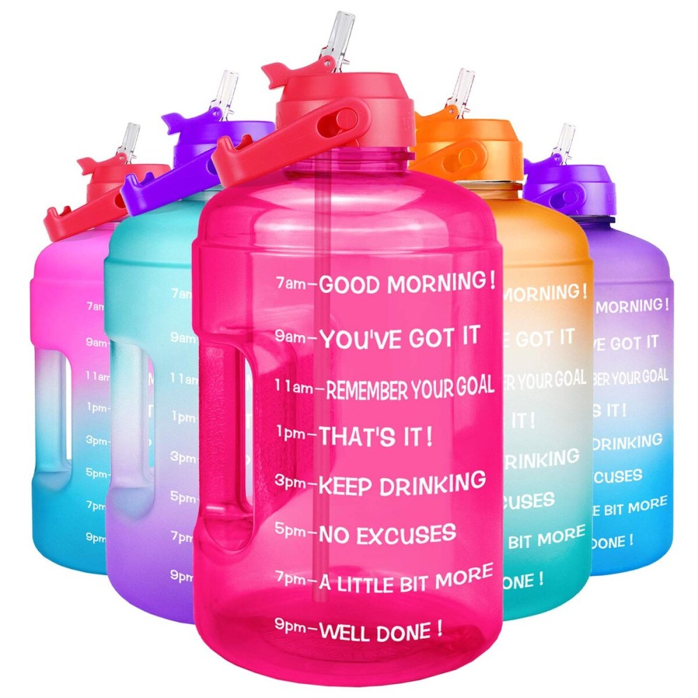 QuiFit 1 Gallon Water Bottle - with Straw & Motivational Time Marker Leak-Proof BPA Free Reusable Gym Sports Outdoor Large(128OZ) Capacity Water Jug(Pink,1 Gallon)
