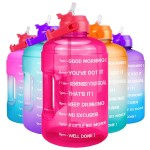 QuiFit 1 Gallon Water Bottle - with Straw & Motivational Time Marker Leak-Proof BPA Free Reusable Gym Sports Outdoor Large(128OZ) Capacity Water Jug(Pink,1 Gallon)