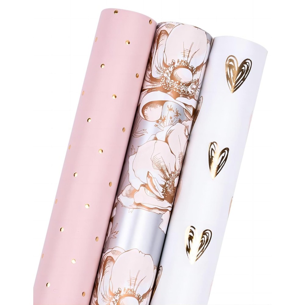 MAYPLUSS Pink Valentine\'s Day Wrapping Paper Roll - Mini Roll - 17in x 120in Per roll - Gray Floral,Gold foil Heart,Pink Polka Dots (3 Rolls 46.5sqft) For Birthday,Party,Girl,Wedding.Women