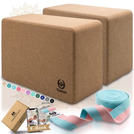 Tumaz Yoga Blocks 2 Pack with Strap Set, High Density/Lightweight EVA Foam and Non-Slip Natural Cork Blocks & Premium 8F Yoga Strap Set - E-Book Included (wood, 2PS)