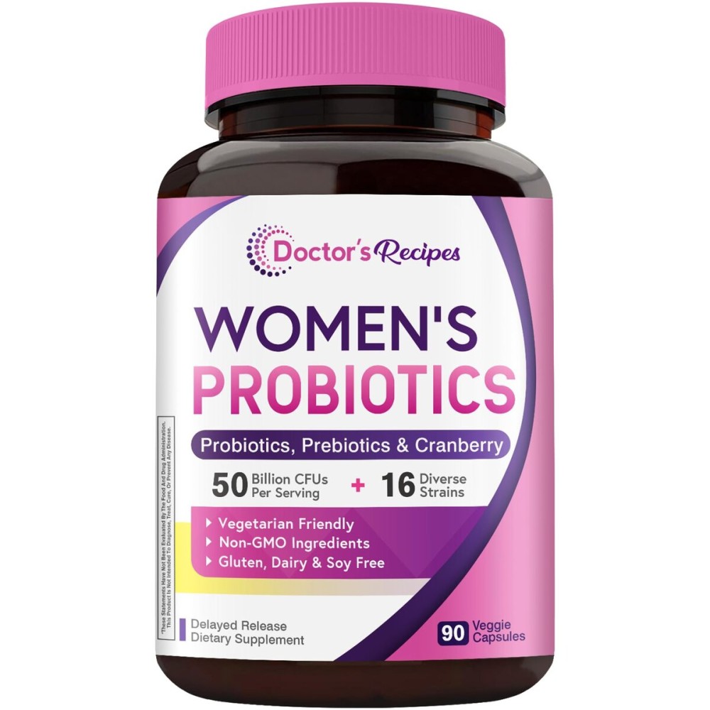 Doctor\'s Recipes Women\'s Probiotic, 90 Caps 50 Billion CFU 16 Strains, with Organic Cranberry, Shelf Stable, Delayed Release, No Soy Gluten Dairy