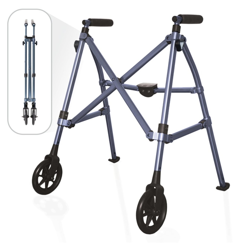 Stander Space Saver Walker Short, Lightweight Folding Rolling Mobility Aid for Juniors & Petite Adults, Compact 2-Wheel Disability Device with 6-inch Wheels & Rear Ski Glides, Cobalt Blue