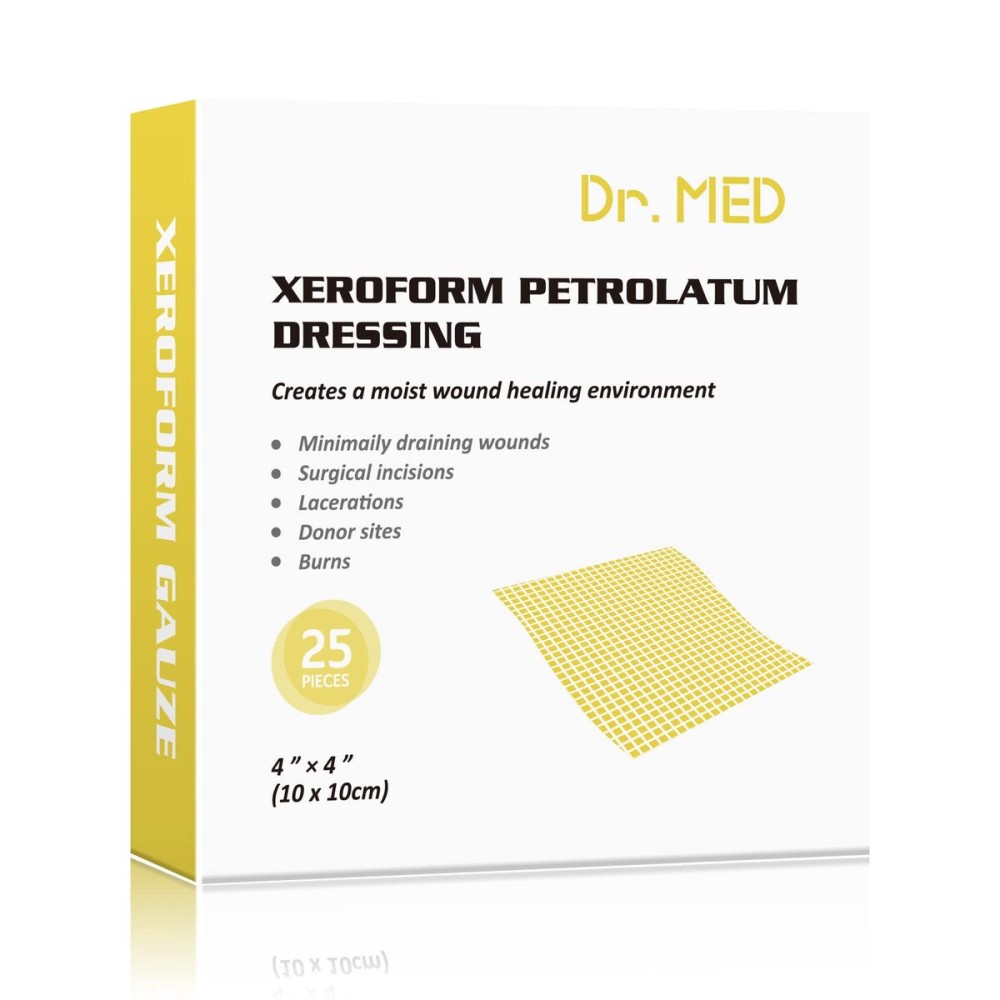 Dr.Med Xeroform Petrolatum Dressing Patch, 4x4-25 Pcs/Box, Non-Adherent Gauze Dressings, for Minor or Partial Thickness Burns, Lacerations, Skin Graft Recipient Sites, Newly Sutured Wounds