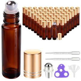 PrettyCare 60 Pack, 10 ml Essential Oil Roller Bottles with Stainless Steel Roller Ball - Bulk Refillable Leak-proof Empty Thick Amber Glass Roll on Bottles with Metal Caps for Travel, Perfume