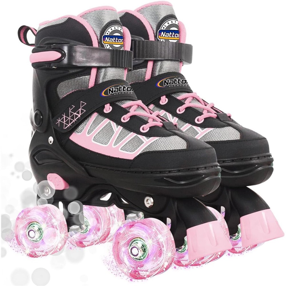 Kids Roller Skates for Girls, Pink Adjustable Rollerskates with Light Up Wheels for Toddler Little Kid Ages 6-12 4 5 6 7, Beginners Outdoor Sports Toys, Best Birthday Gift for Girls Kids