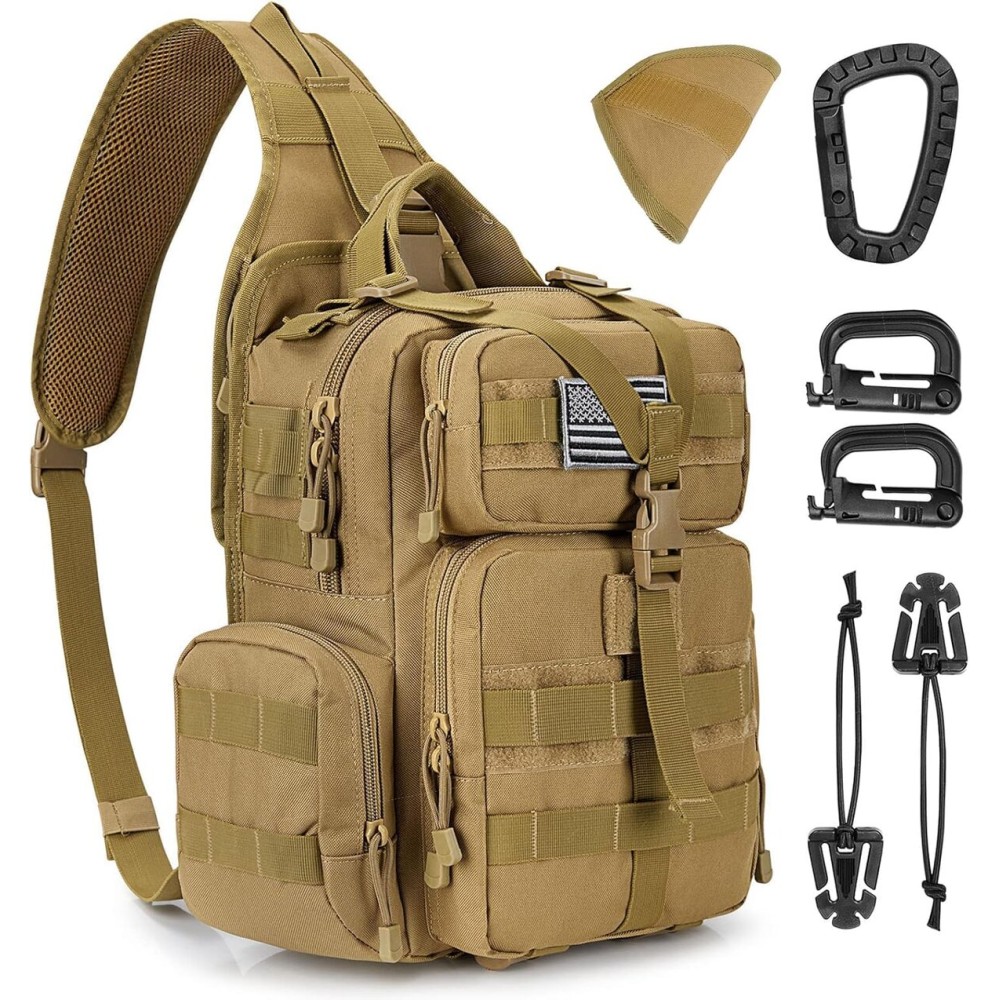 G4Free Large Tactical EDC Sling Bag Backpack, Military Molle Bag Single Strap Shoulder Backpack for Men (Tan)