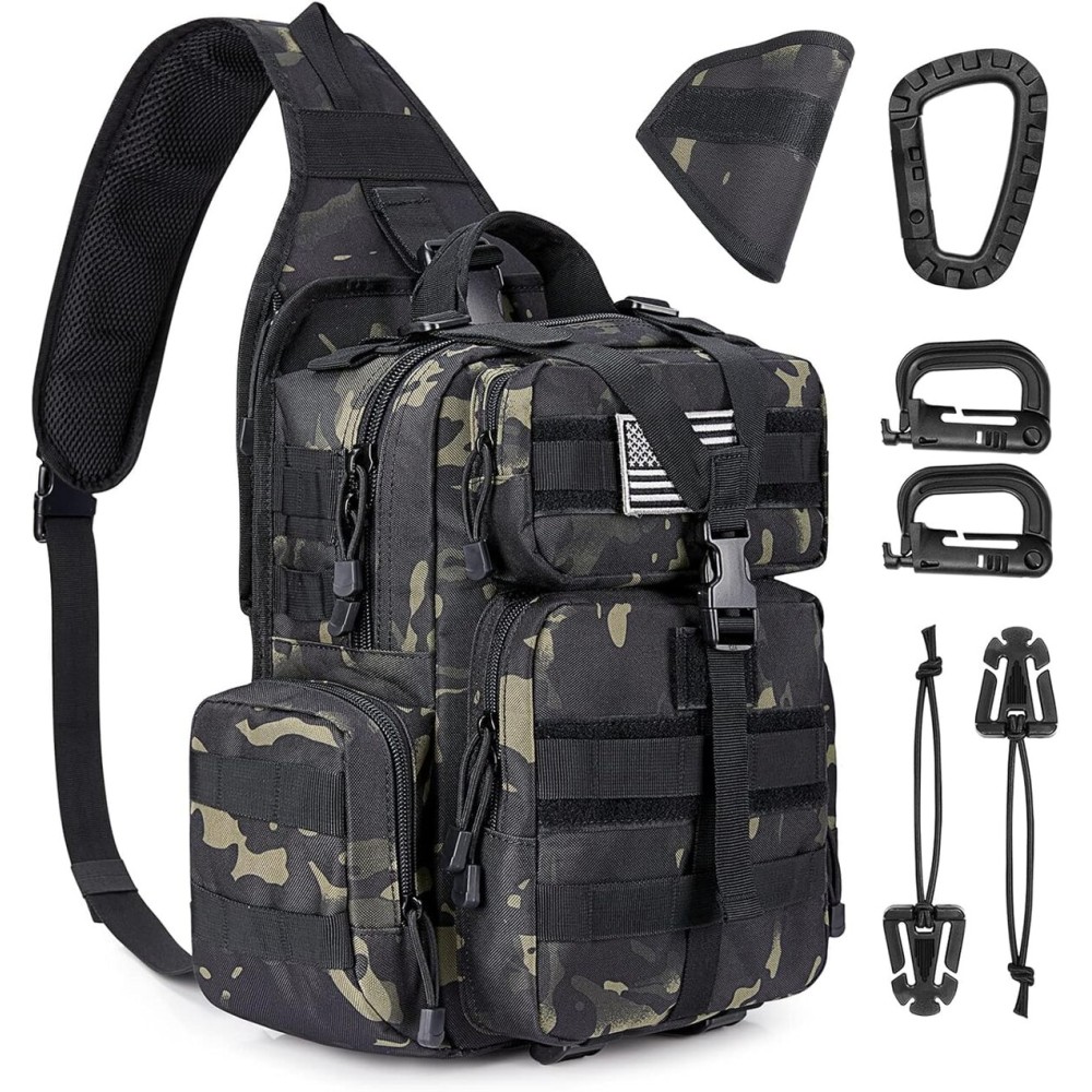 G4Free Large Tactical EDC Sling Bag Backpack, Military Molle Bag Single Strap Shoulder Backpack for Men (Black CP)