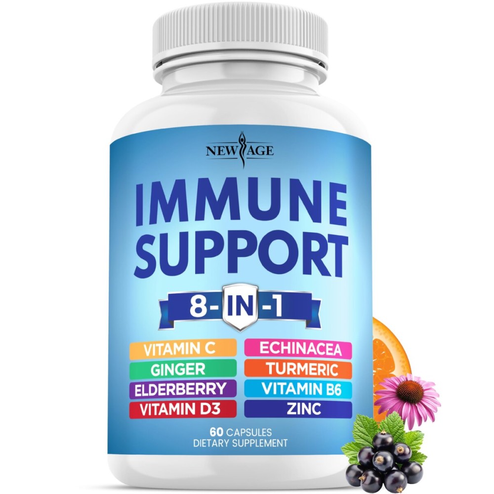 NEW AGE 8 in 1 Immune Support Booster Supplement with Echinacea, Vitamin C and Zinc 50mg, Vitamin D 5000 IU, Turmeric Curcumin & Ginger, B6, Elderberry 60 Count (Pack of 1)