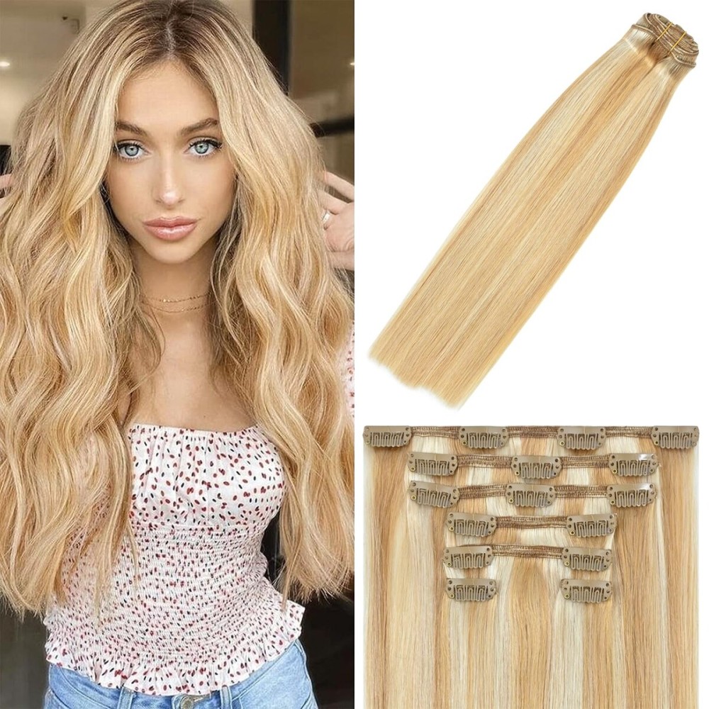 WindTouch Clip In Hair Extensions Human Hair Balayage Golden brown to Blonde 18Inch 75g 27p613 7PCS Remy Hair