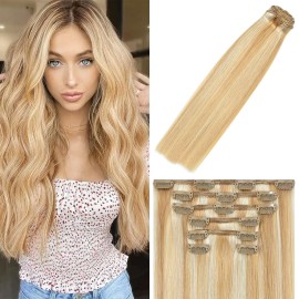 WindTouch Clip In Hair Extensions Human Hair Balayage Golden brown to Blonde 18Inch 75g 27p613 7PCS Remy Hair