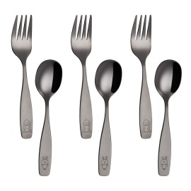 ANNOVA Kids Silverware Children\'s Safe Flatware Set Stainless Steel - Children Forks, Children Tablespoons, Toddler Utensils, Metal Cutlery Set for LunchBox (Black Gold, 6)